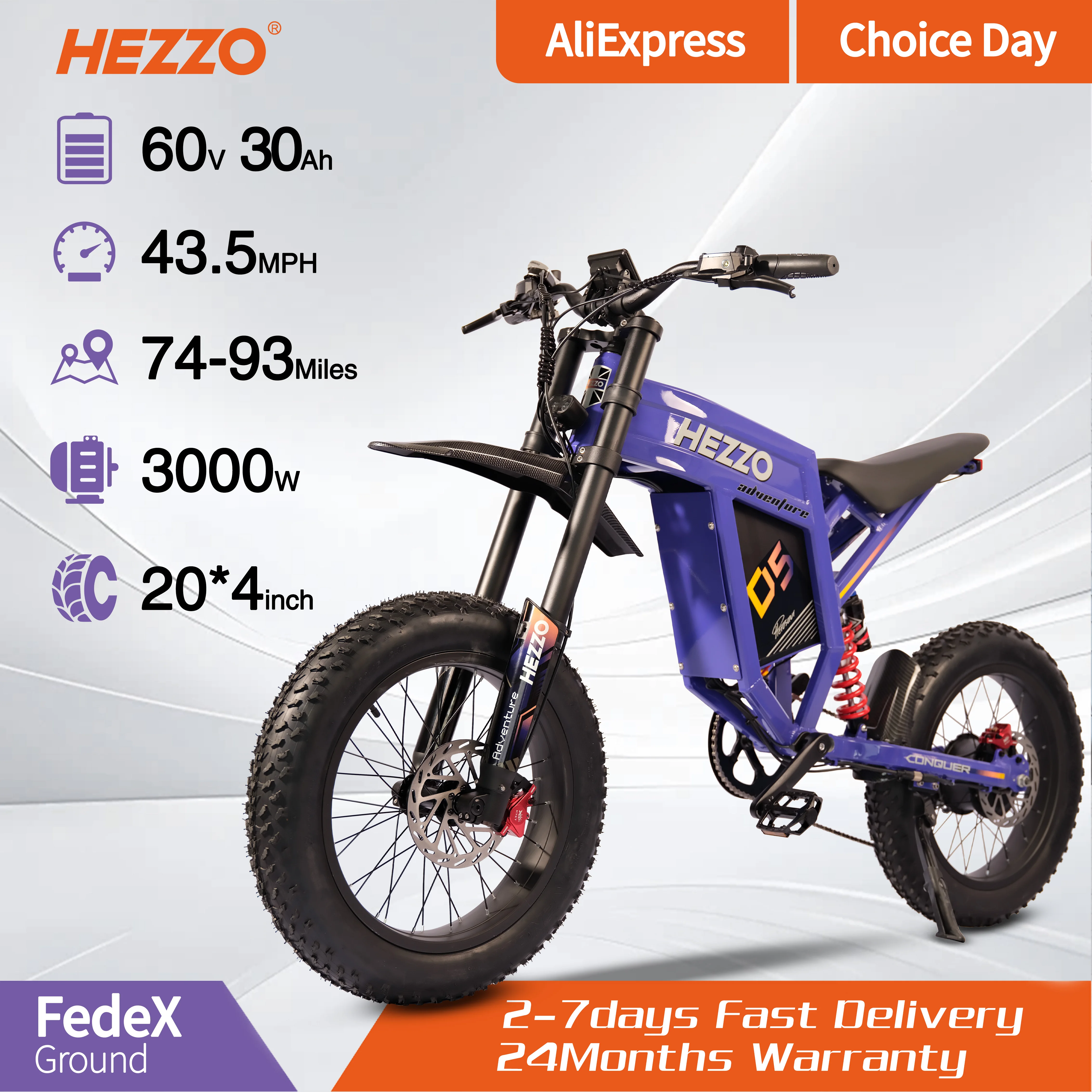 

HEZZO D5 Electric Dirt Bike 60V 3000W 20Inches 43Mph Powerful Ebike 30Ah 150Km LongRange Electric Bike