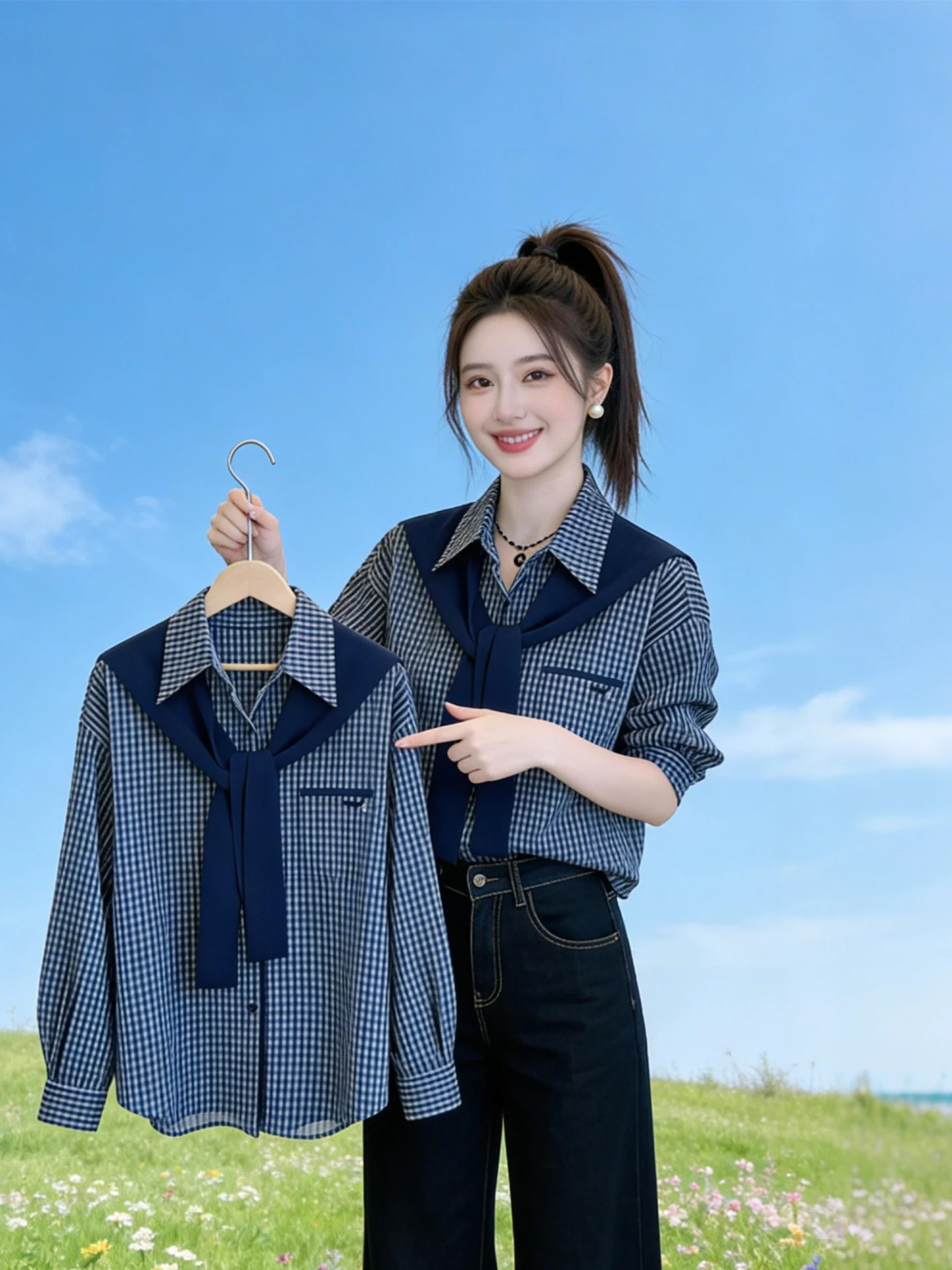 

Loose Long Sleeve Blue Plaid Shirt Women's Cardigan Two-Piece Set Korean Style Spring Commute Fashion Anti-Aging Top