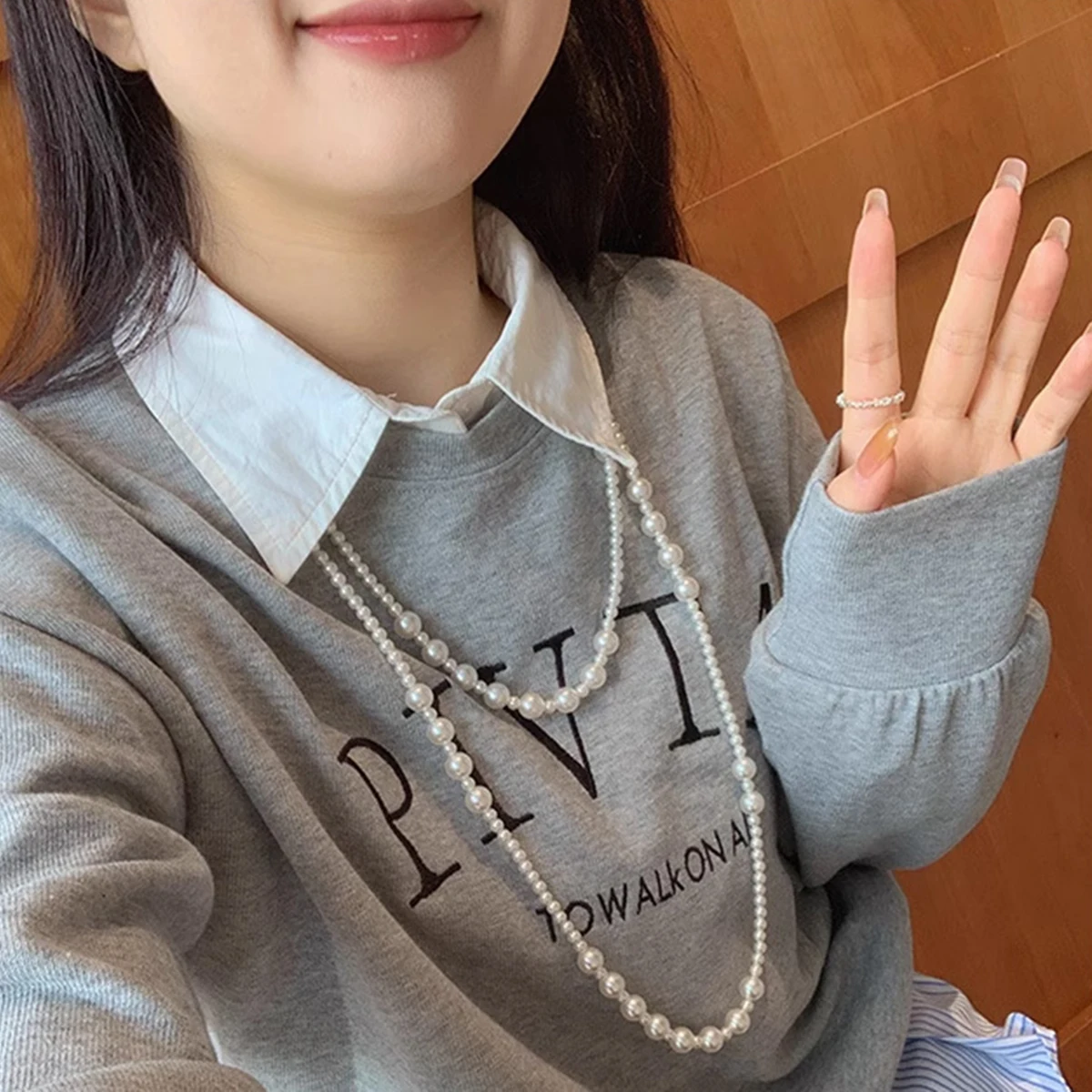 Aokaishen Multiple Layering Methods for Pearl Sweaters Chain Length Necklaces Women's Round Bright Versatile High-end Jewelry