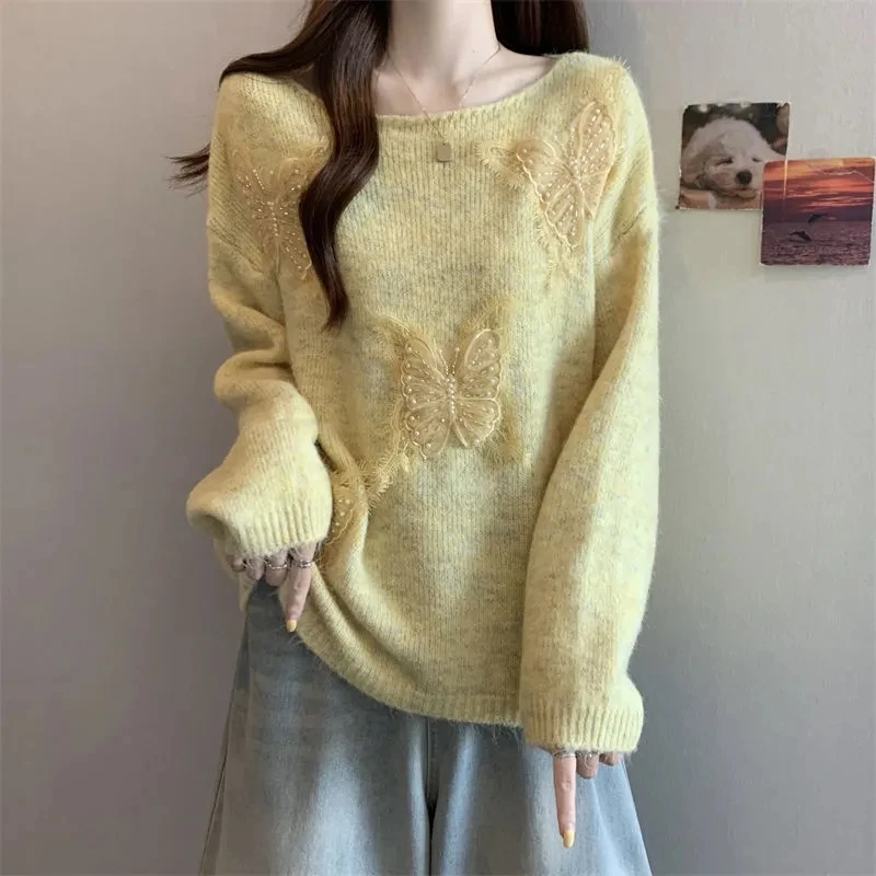 大きいサイズの女性用秋の美しいセーター2025新デザインセンス重厚な立体的な花柄の美しいニットトップベージュグレー