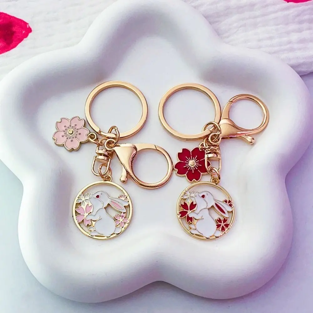 Metal Cherry Blossom Rabbit Keychain Chinese Style Moon Flower Rabbit Pendant Round Rabbit Shaped DIY Jewelry