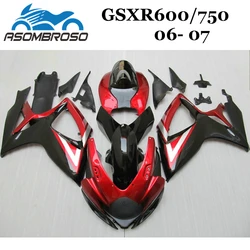 スズキgsxr750,gsxr600,2006,k6,gsx r600,2007,100% 用の高品質インジェクションフェアリング,赤と黒のパーツ