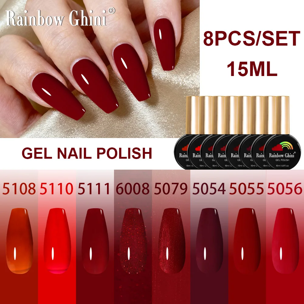 

Rainbow Ghini 15ml 8pcs Burgundy & Violet Black Nail Polish Set Ruby Red Color Long Lasting Soak Off UV Gel Varnish For Manicure