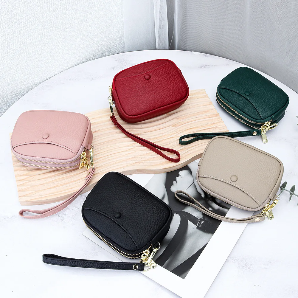 Alirattan 2026 New Cowhide Mini Coin Purse Women's Leather Large Capacity Double Zipper Storage Multifunctional Hand-Held Bag