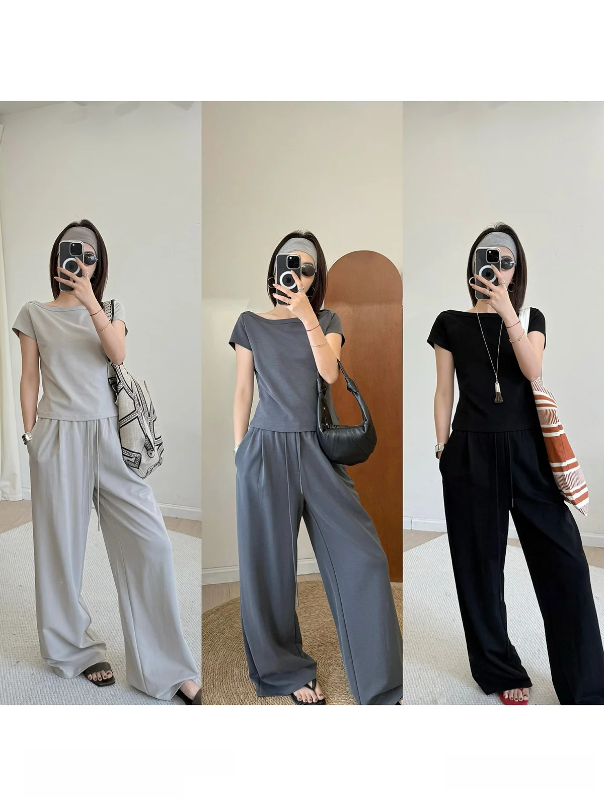 

Повседневный комплект из футболки с коротким рукавом и брюк на шнурке MUCCHIC: хлопковый костюм на одно плечо для женщин 25-35 лет