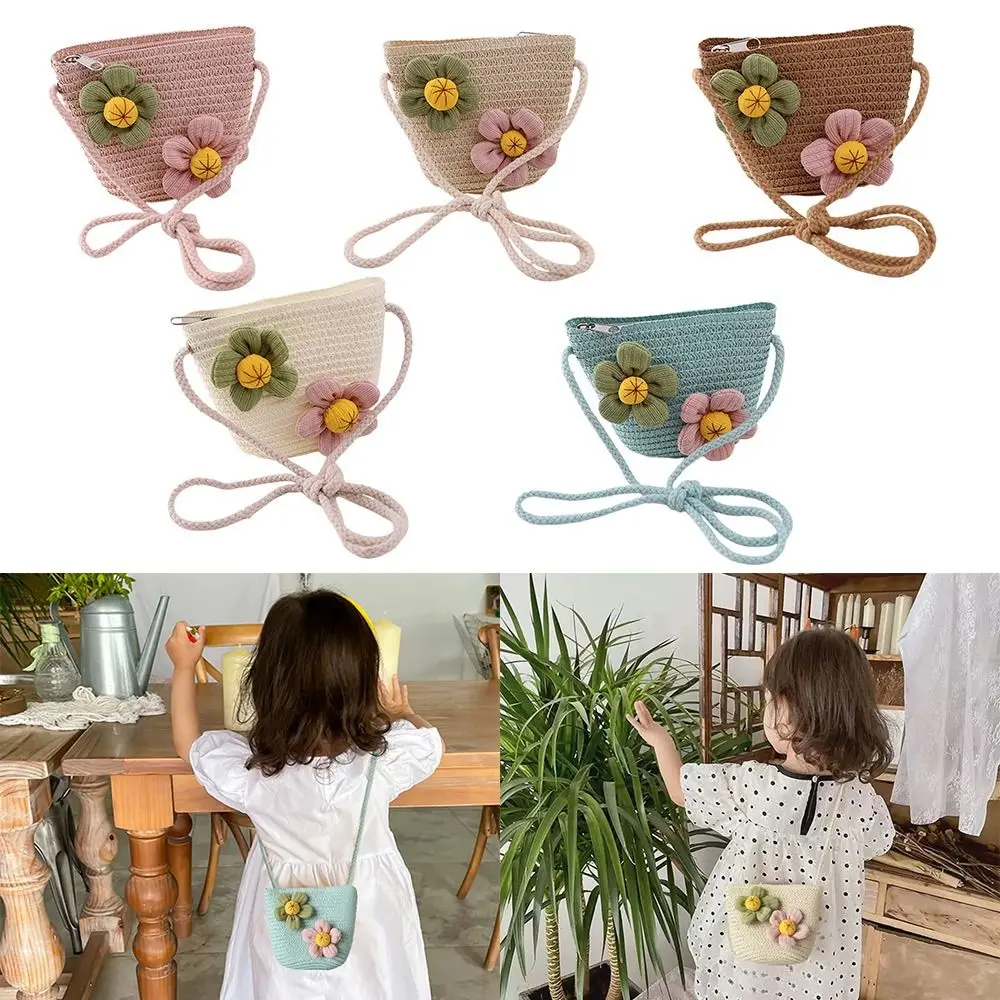 Creative Handmade Kids Straw Bag Woven Shell Shape Shoulder Bag Flower Crossbody Bag for Children Girls