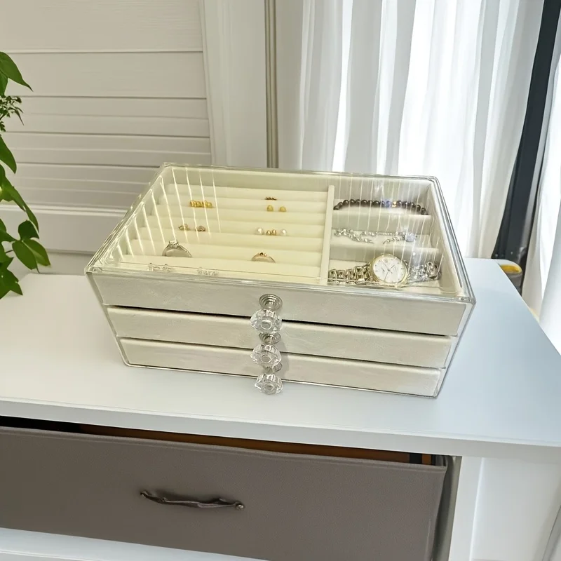 

Современный трехслойный байковый ящик для хранения ювелирных изделий с пыленепроницаемым ящиком и застежкой-крючком для сережек