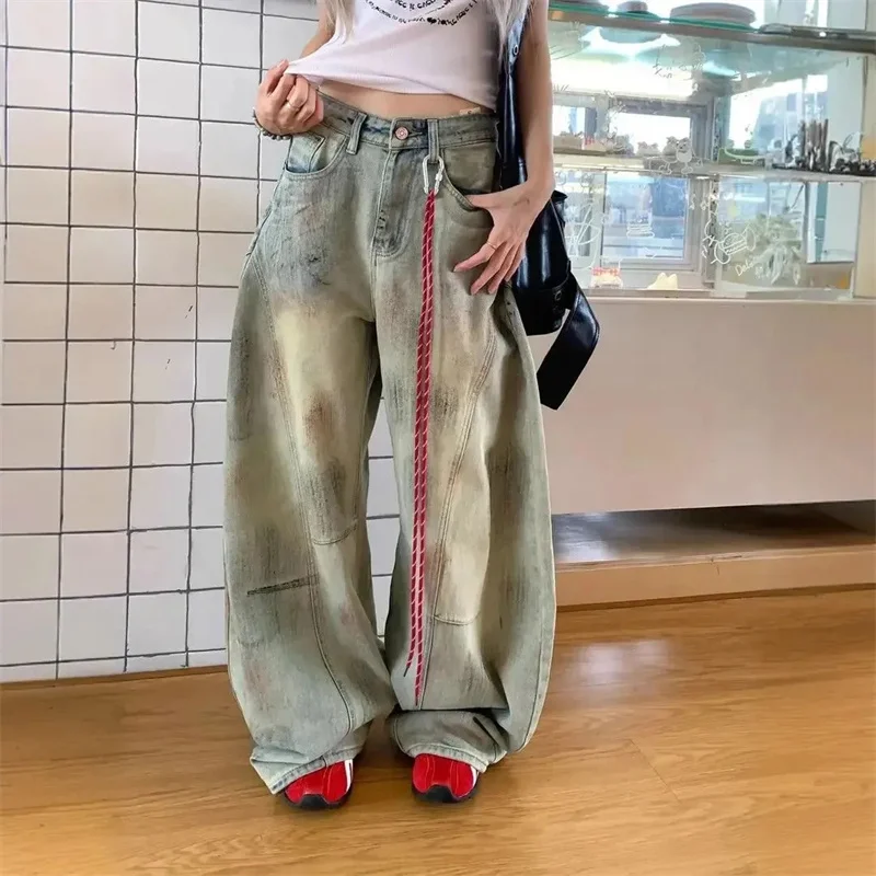 

Autumn Women Stained Worn Cowboy Trousers American Lady Fashion High Waist Bent Knife Jeans Femme Casual Wide-leg Denim Pantalon