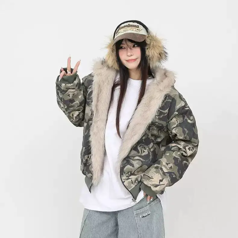 Camouflage Faux Fur Collar Jacket with Plush Lapel Thick Warm Lining Zip Front Ribbed Cuffs Loose Fit Cozy Women's Winter Jacket