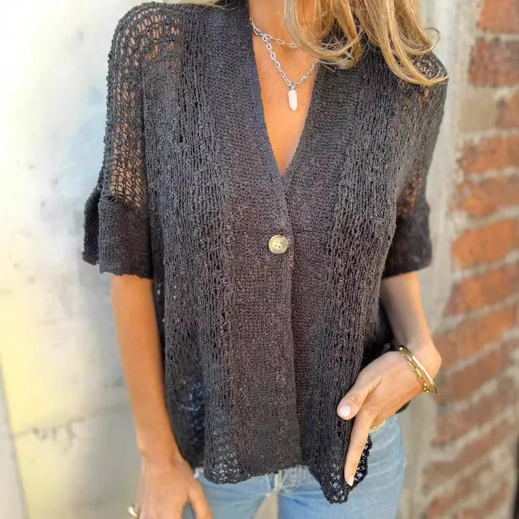 2026 New Women's One Button Mid Sleeve Hollow Knitted Cardigan Top