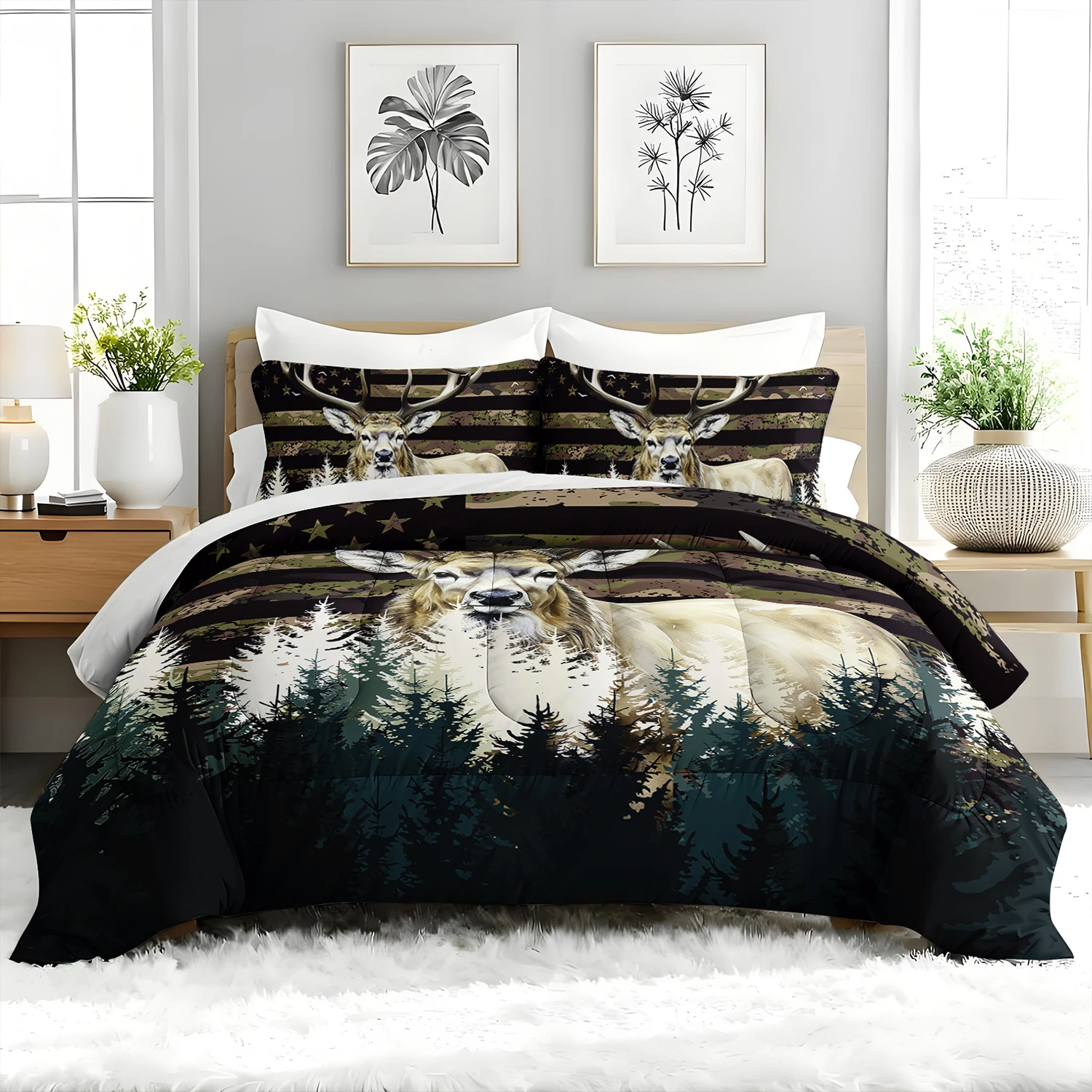 Set piumino Foresta di cervi 3 pezzi, set biancheria da letto mimetica, set piumino per animali selvatici con 2 federe Woodland per camera da letto o Guest Roo