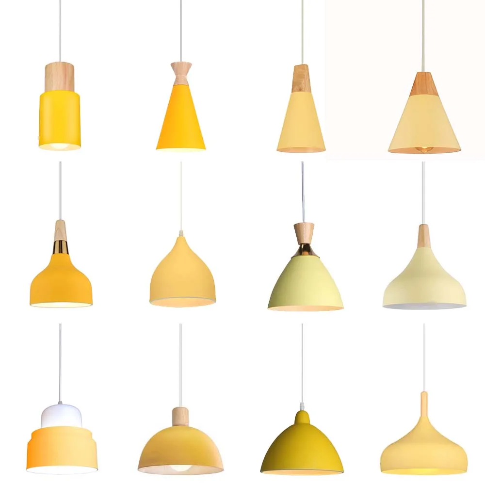 

Nordic Simple Pendant Light E27 Aluminum Wood Yellow Lamp Shade Home Restaurant Counter Dining Table Hanging Lighting Decoration