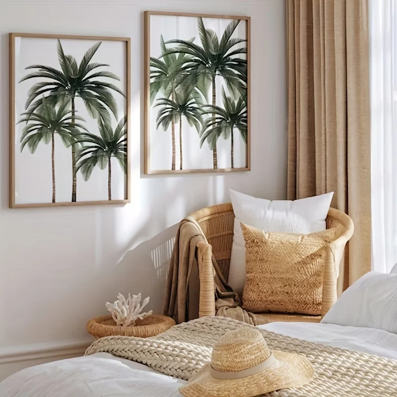2pcs/set of Tropical Palm Tree Canvas Prints Bohemian Coast Style Beach Hut Wall Art Posters for Modern Living Room Home Decor