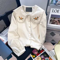 Plus Size 5XL 140KG Autumn Women Blouses Long Sleeve Embroidery Shirt Peter Pan Collar Casual Solid Color Women Tops