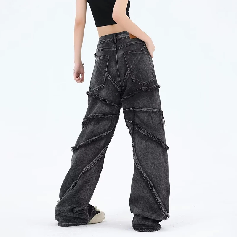 HOUZHOU Y2K Punk Black American Street Rock Retro High Waist Oversized Jeans Women Raw Edge Washed Darkwear Wide Leg Trousers