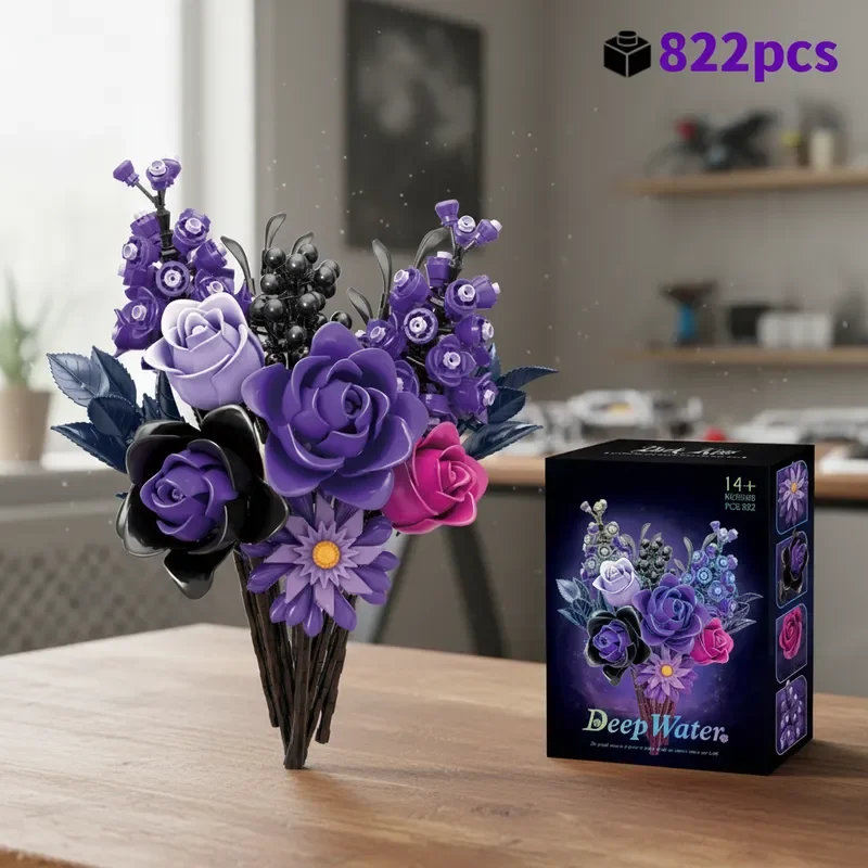 Blocos de construção diy buquê de rosas roxas modelo criativo decoração de casa presente romântico menina dia dos namorados ocasião especial presente