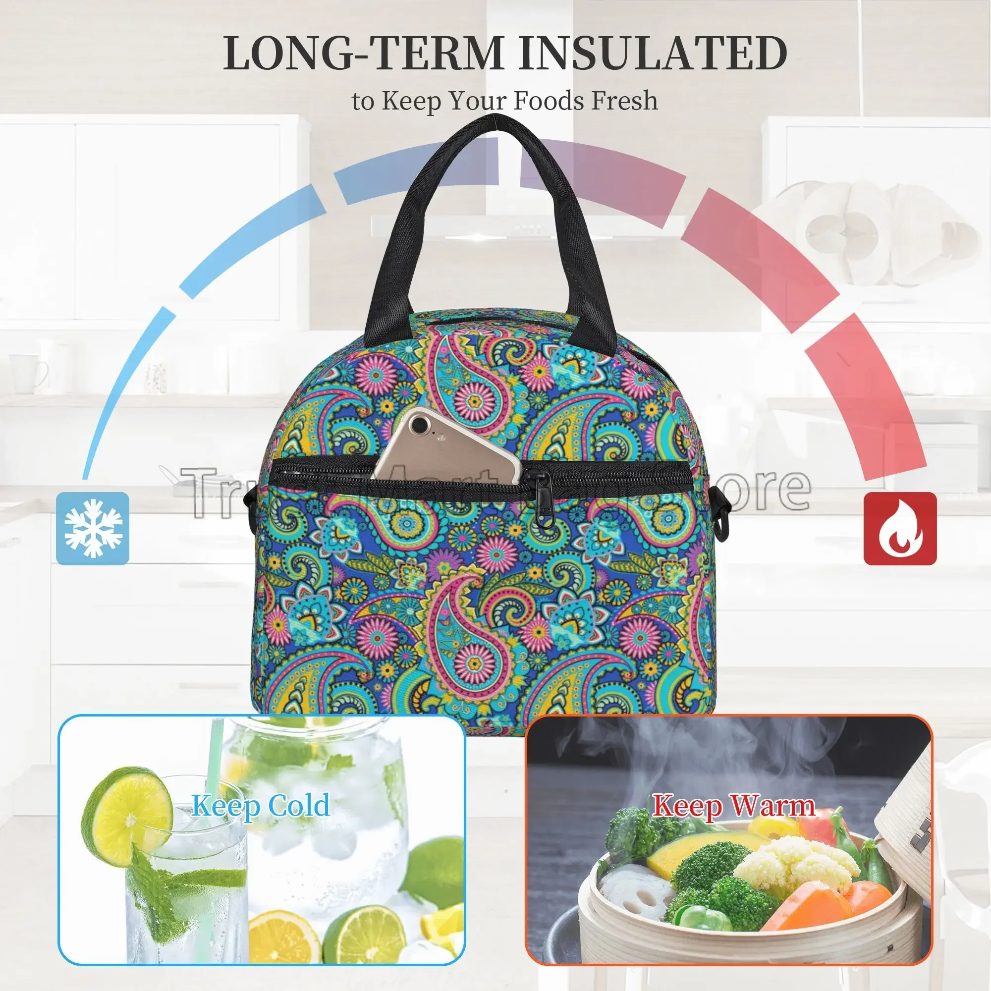 Paisley Pattern Insulated Lunch Bag Women Waterproof Reusable Lunch Box Cooler Thermal Bento Tote with Adjustable Shoulder Strap