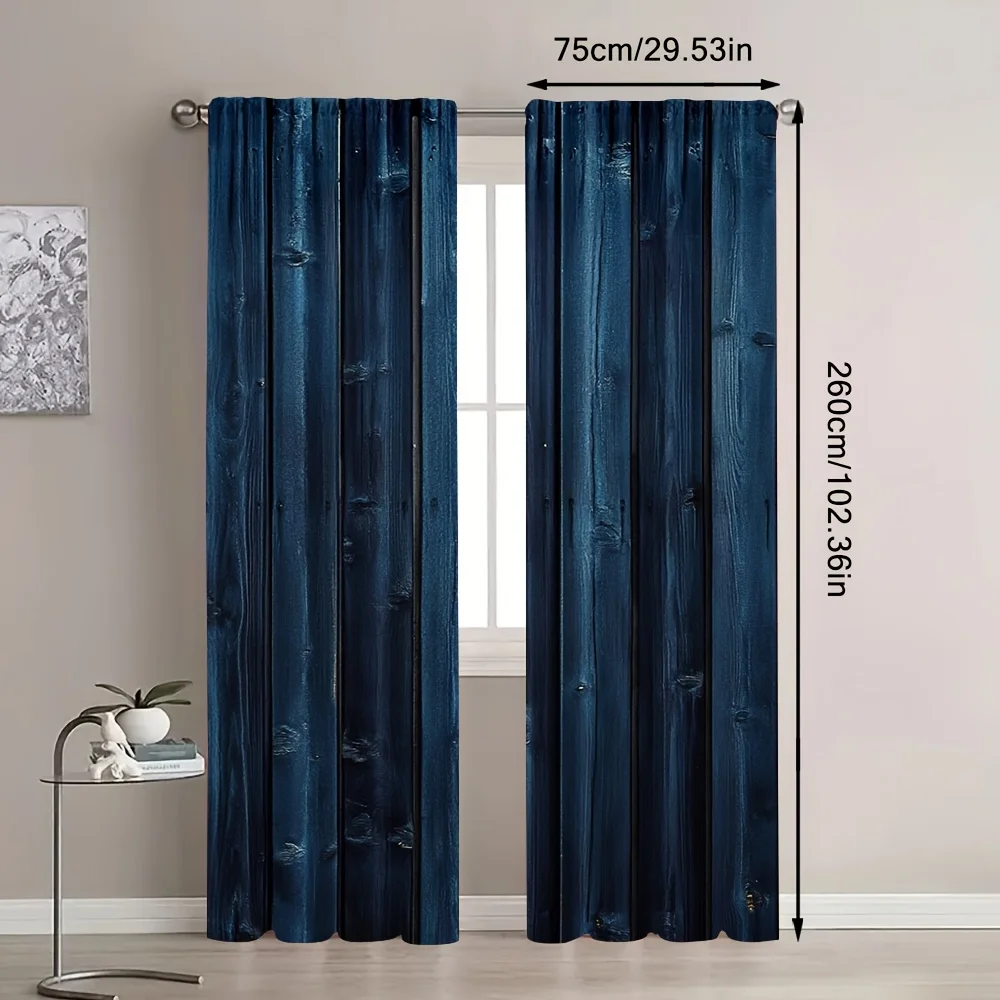 Elegant Navy Blue Blackout Curtains Rustic Wood Grain Plank Style Vertical Stripe Living Room Bedroom Window Decor Panels