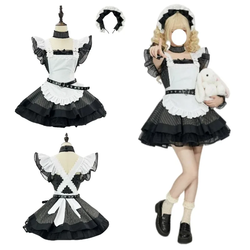 

Anime Black and White Striped Lolita Maid Cosplay Costume Vintage Gothic Dress Apron Set Halloween Party Uniform for Women