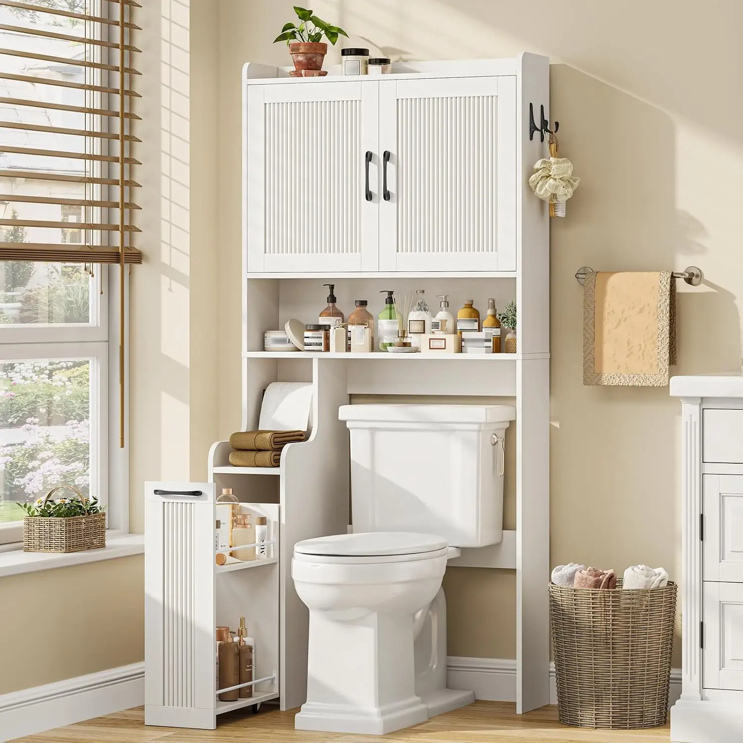 Over Toilet Cabinet with Pulley & Open Shelves, Anti-Tip Bathroom Organizer with Toilet Paper Holder, Customized