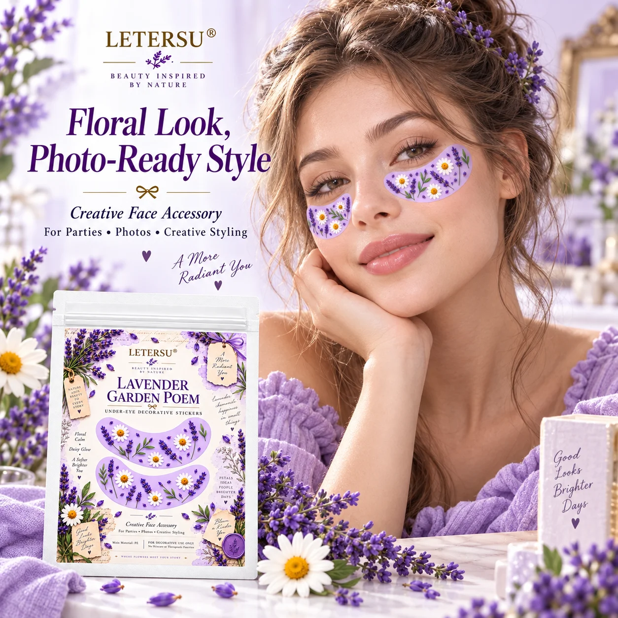 4PCS Lavender Flower Under Eye Stickers, Cute Purple Daisy Eye Patches, Floral Face Makeup Accessories for Women, Party Photos