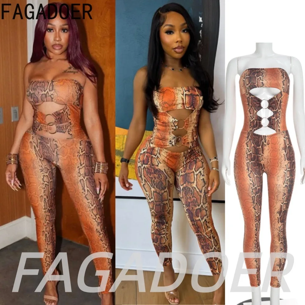 FAGADOER Fashion Snake Print Bodycon Jumpsuits Sexy Hollow Out Off Shoulder Bodycon Long Rompers Night Club Party Playsuits New
