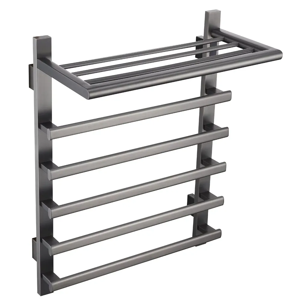 Modern Brushed Grey Electric Bathroom Radiator with Towel Shelf Bathroom Waterproof 304 Stainless Steel Heated Towel Rack