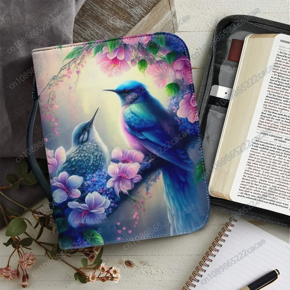 

New Women's Bible Cover Case Fashion Floral Hummingbird Print Leather Handbags Zippered Handle Portable Church Bible Storage Bag