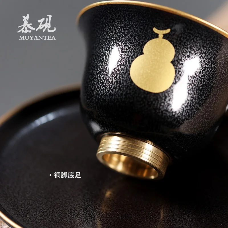 Mu Yan's Kiln-Turned Three-Part Gaiwan With Tenmoku Glaze, Handcrafted Ceramic Kung Fu Set, Single Tea Offering Bowl