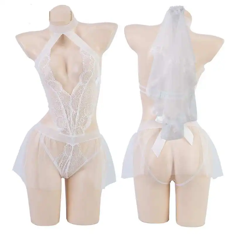 Wholesale Women\'s Sexy Lace Transparent Roleplay Bride Lingerie Bodysuit Lady Erotic Nauty Hollow Out Cosplay Wedding Dress