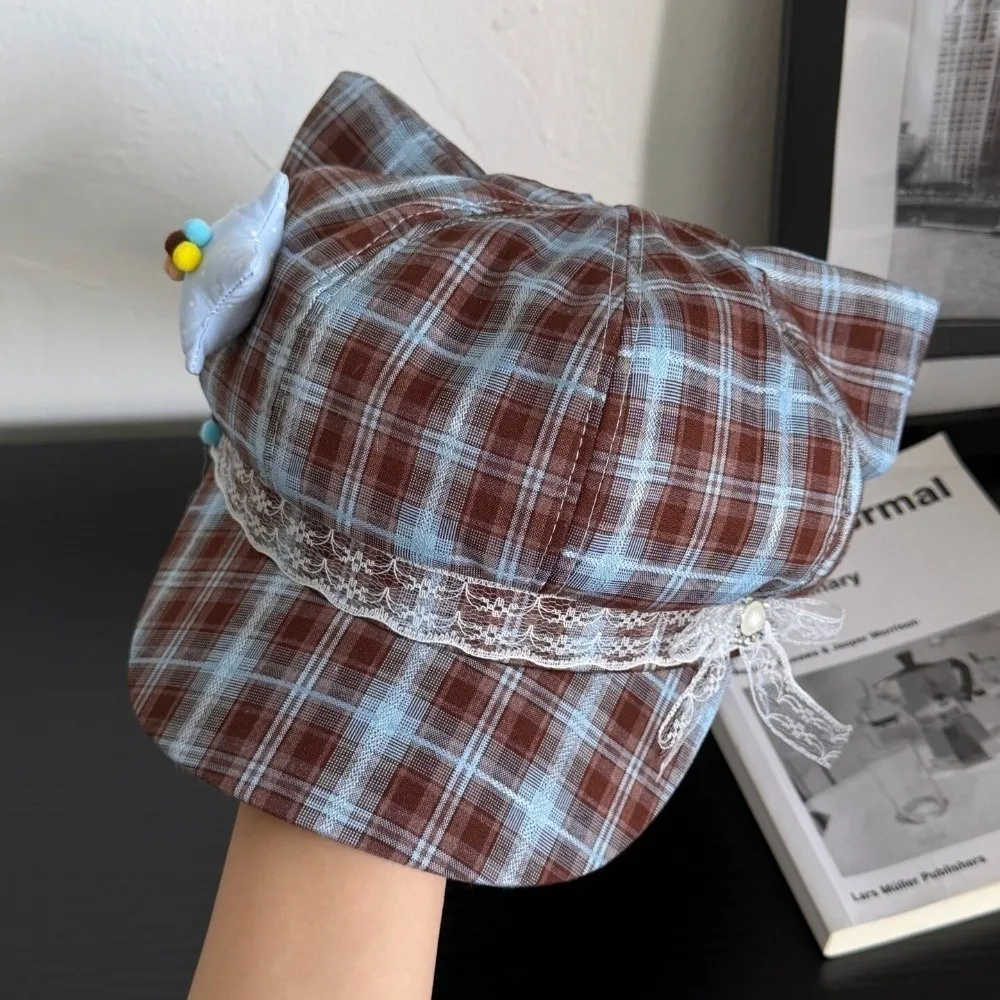 Cute Stars Lace Decor Plaid Octagonal Cap Face Slimming Sun Protection Berets Y2K Newsboy Hat Spring Summer