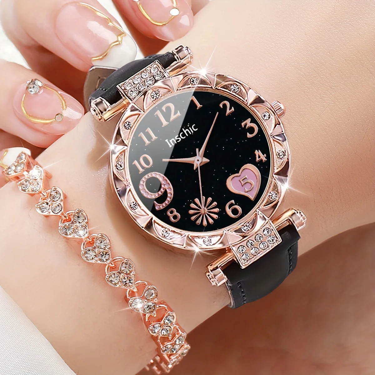 2 ชิ้น/เซ็ตโรแมนติกหัวใจ Rhinestone นาฬิกาและสร้อยข้อมือ Duo - Stylish Quartz Analog นาฬิกาพร้อมสายหนัง PU,