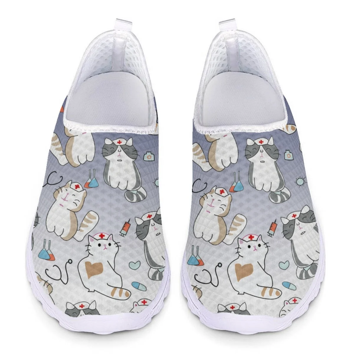 Cartoon Nursing Cat Print Breathable Non-slip Walking Shoes Lightweight Comfortable Slip-on Loafers Hospital Work Flats Shoes