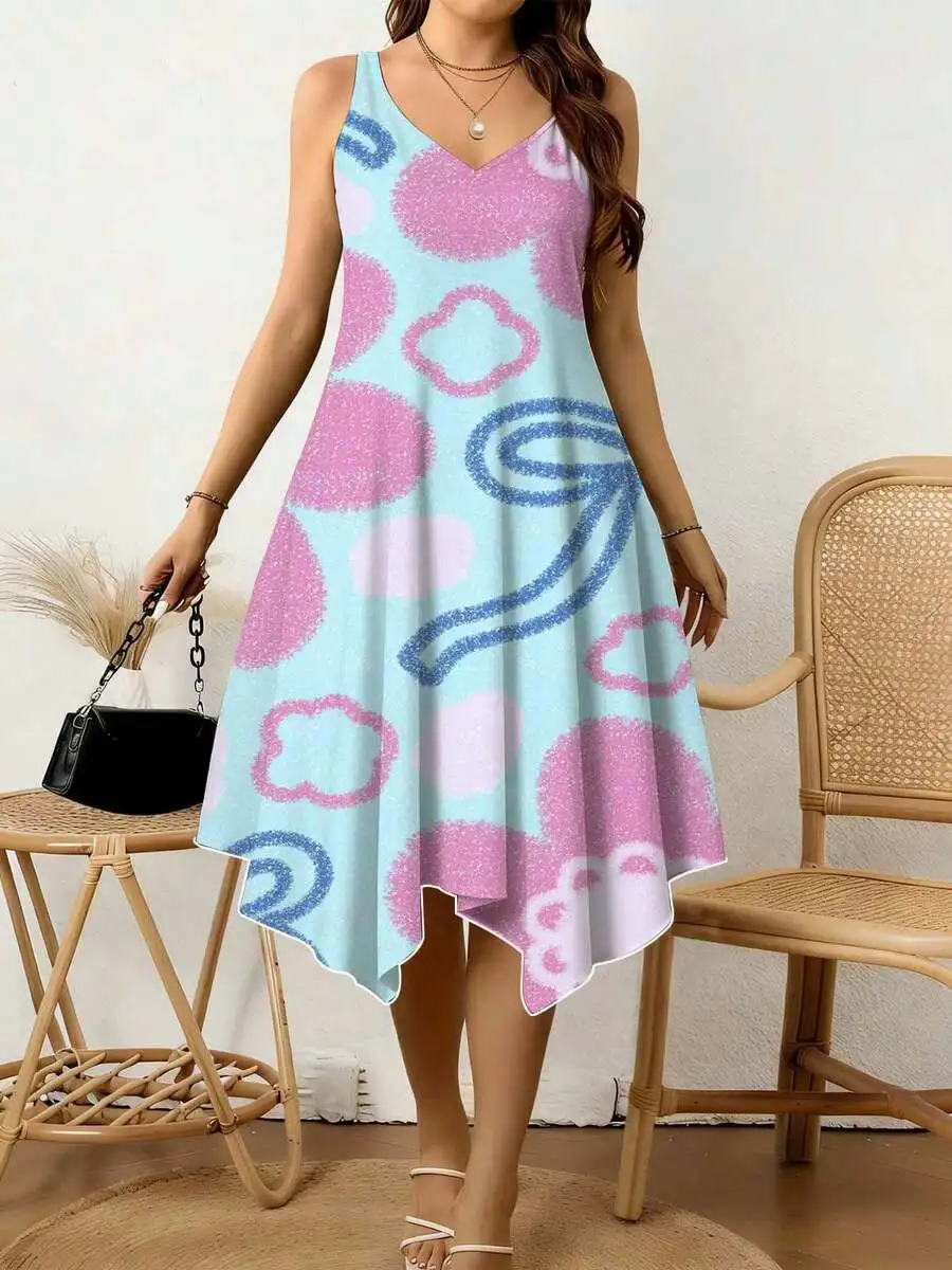 

Women V Neck Irregular Hem Dress Pink Blue Abstract Print Summer Casual Beach Vacation Dress