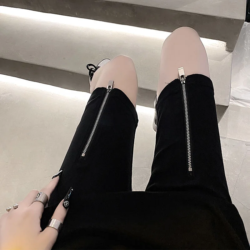 Women's Summer Loose Retro Dark Slim Fit Zipper Design Sensation Tight Beach Bottom Shorts Outerwear Trendy Five-Quarter Pants