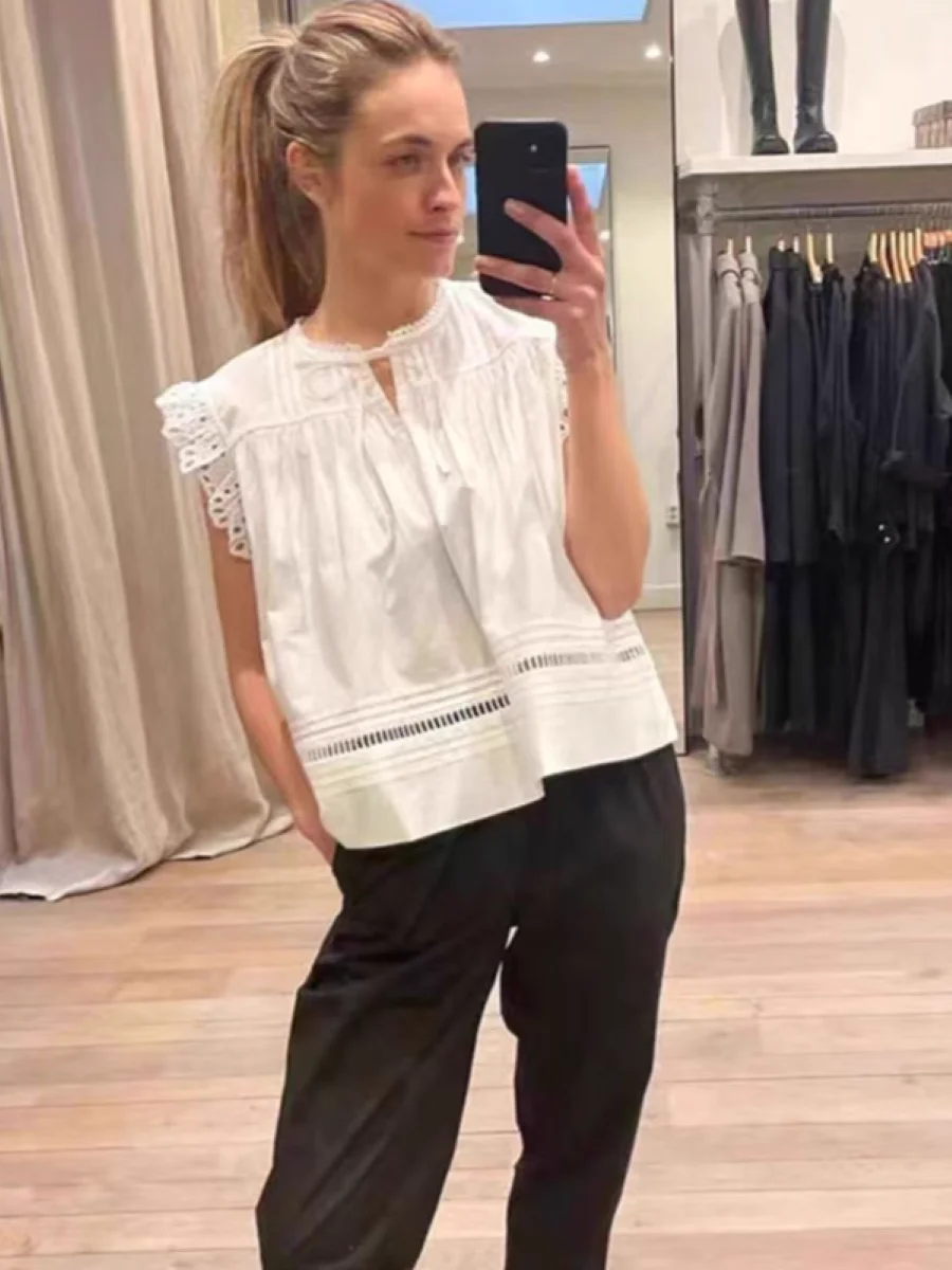 

2 Colors Women Embroidery Trim Vest Lace-up Round Neck Sleeveless Pleated Sweet Female Tank Tops