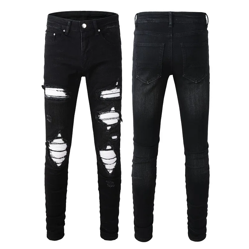 

Outer men's jeans trendy men's clothing ripped flannel patch men's slim fit elastic young men