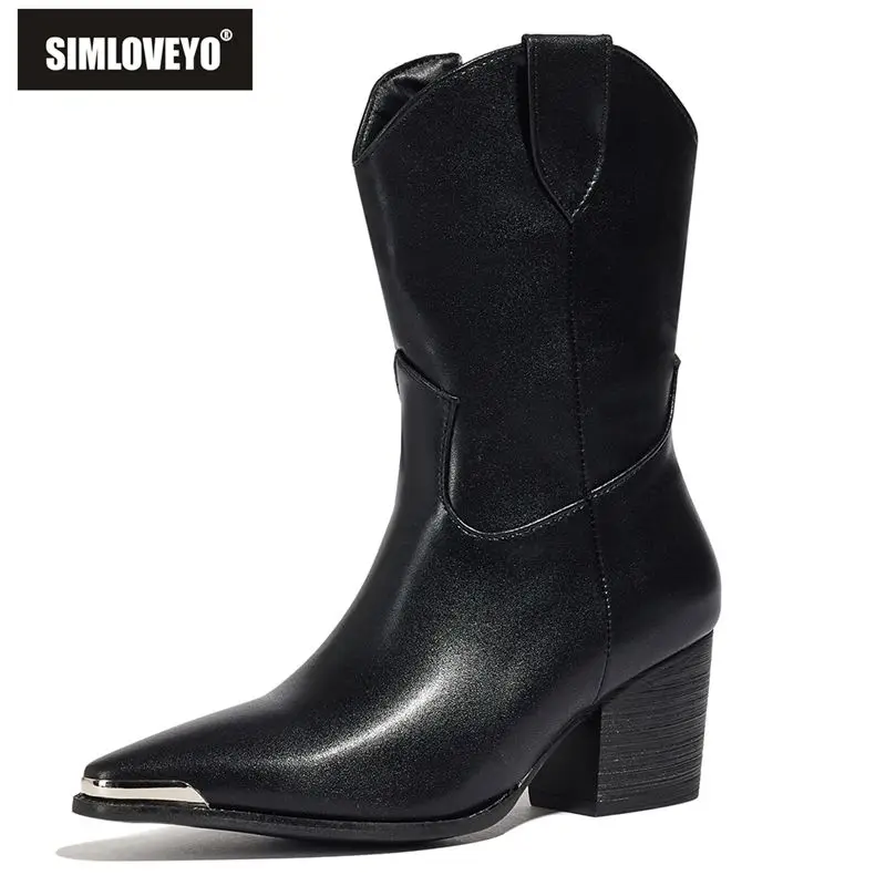 

SIMLOVEYO 2025 New Luxury Women's Mid-Calf Boots Pointed Toe 6cm Block Heels Zipper Large Sizes 41-43 Casual Retro Daily Bota