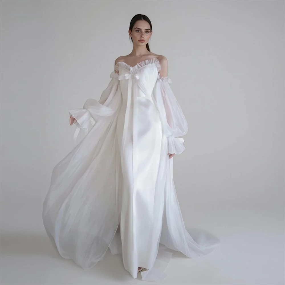 

ESBRIDE Formal Party Elegant Gowns Tulle Loose Puff Long Sleeve Formal-length Wedding Dress Customized Stain Evening Dress
