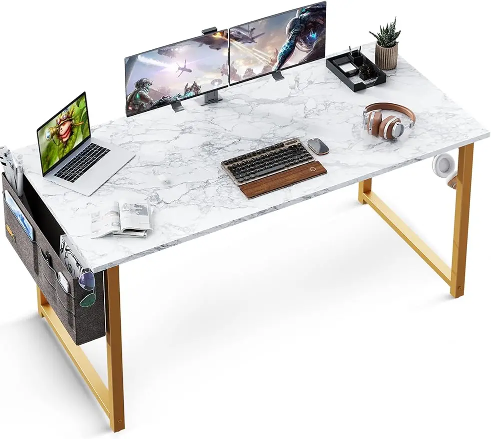 ODK Computer Writing Desk 55 inch, Sturdy Home Office Table, Work Desk with A Storage Bag and Headphone Hook, White Marble + Gol