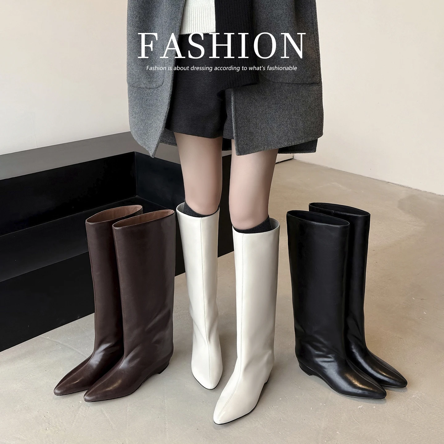 2026new autumn winter women knee-high-boots 22-25cm split leather+microfiber+pigskin/plush thick heel side zip buckle long boots