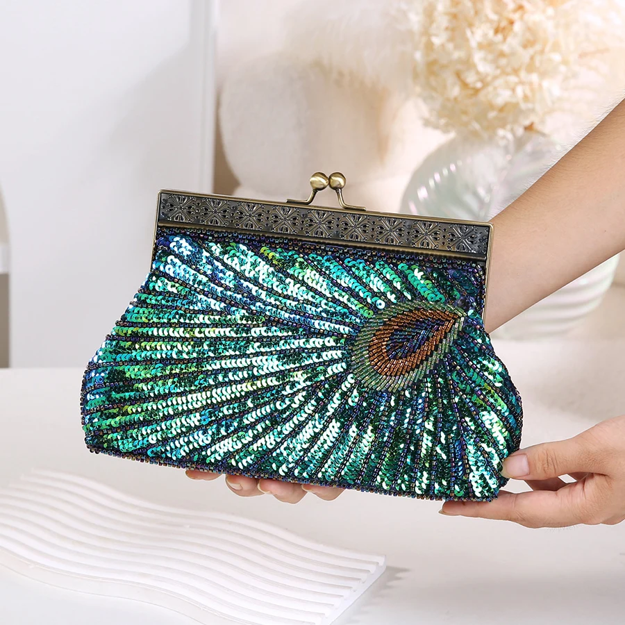 

Вечерняя сумка в стиле ретро с блестками и бисером в виде павлина, женская зеленая вышитая вечерняя вечеринка, дневной клатч с бриллиантами, сумка на плечо с цепочками