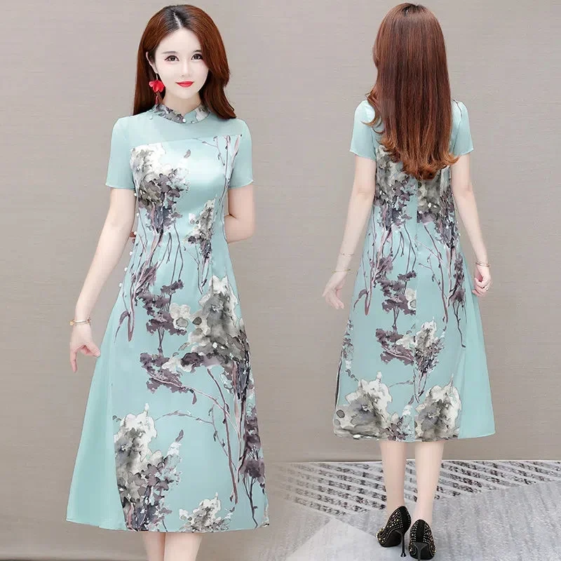 Improved Cheongsam Summer 2022 New High-End Purple Short-Sleeved Floral College Entrance Examination Small Mother Dress