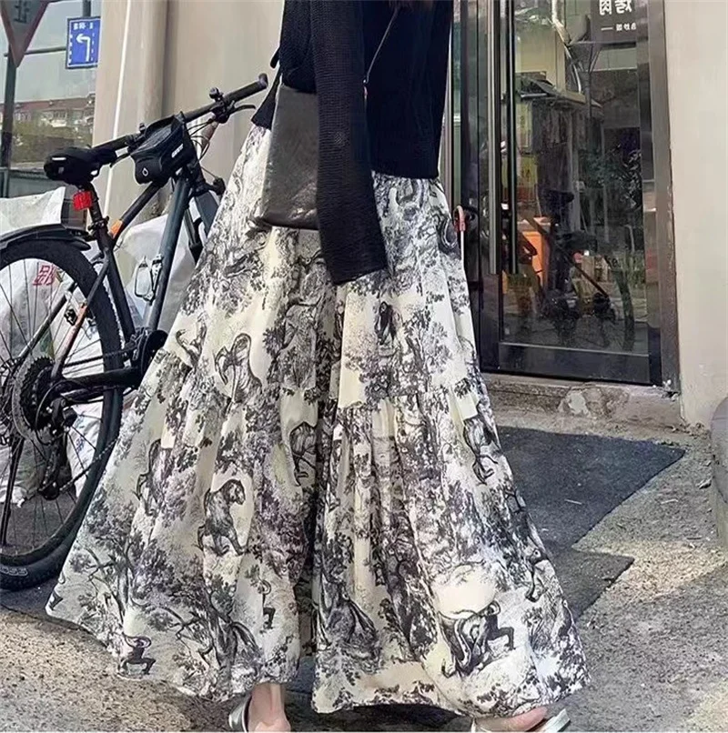 Ink Painting Printed A-Line Skirts New Spring Summer Elastic High Waist Mid-Calf Skirts Female Casual Holiday Jupe Faldas T931