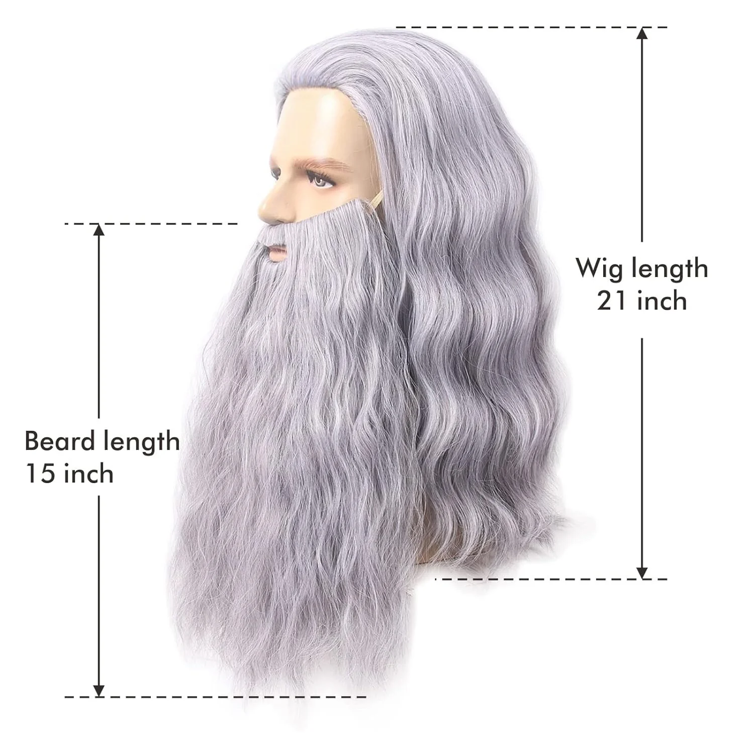 REEWES Wig Beard Set Grey Long Curl Yaki Synthetic Hair Old Man Costume Wig Anime Cosplay Halloween Party Proofs