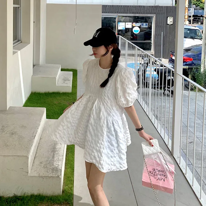 فستان نسائي صيفي جديد بتصميم كوري، بياقة دائرية ولون سادة، بقصة A-Line وأكمام قصيرة، بتصميم منفوش ومريح. #3