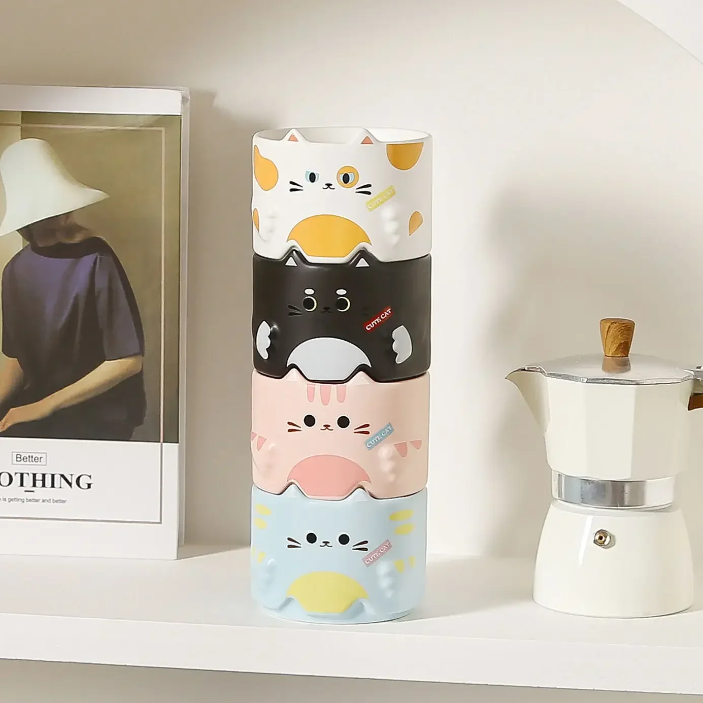 Cartoon Cat Ears Ceramic Mug  with Handle 300ml Stackable Family Water Cup Creative Couple Mug