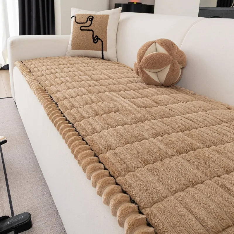 

Sofa Cushion Nordic Minimalist Autumn and Winter Plush Sofa Solid Color Stripes Thick Flannel Anti Slip Non Stick