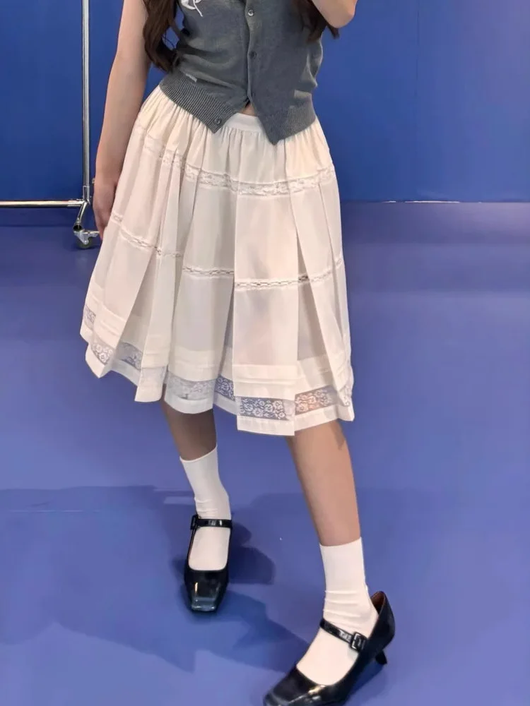 Sweet Retro Lace Splicing Half Skirt Versatile High Waist A-Line Cotton Polyester Blend Knitted Fabric Party Skirt for Girls