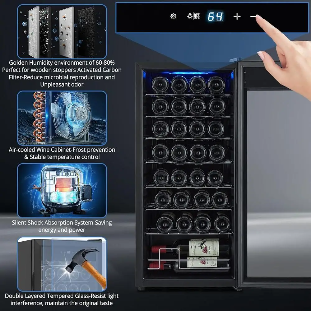 Weinkühler, Kühlschrank, 32 Flaschen, digitale Temperaturregelung, Touchscreen, doppelschichtiges Glas, freistehend, kompaktes Design